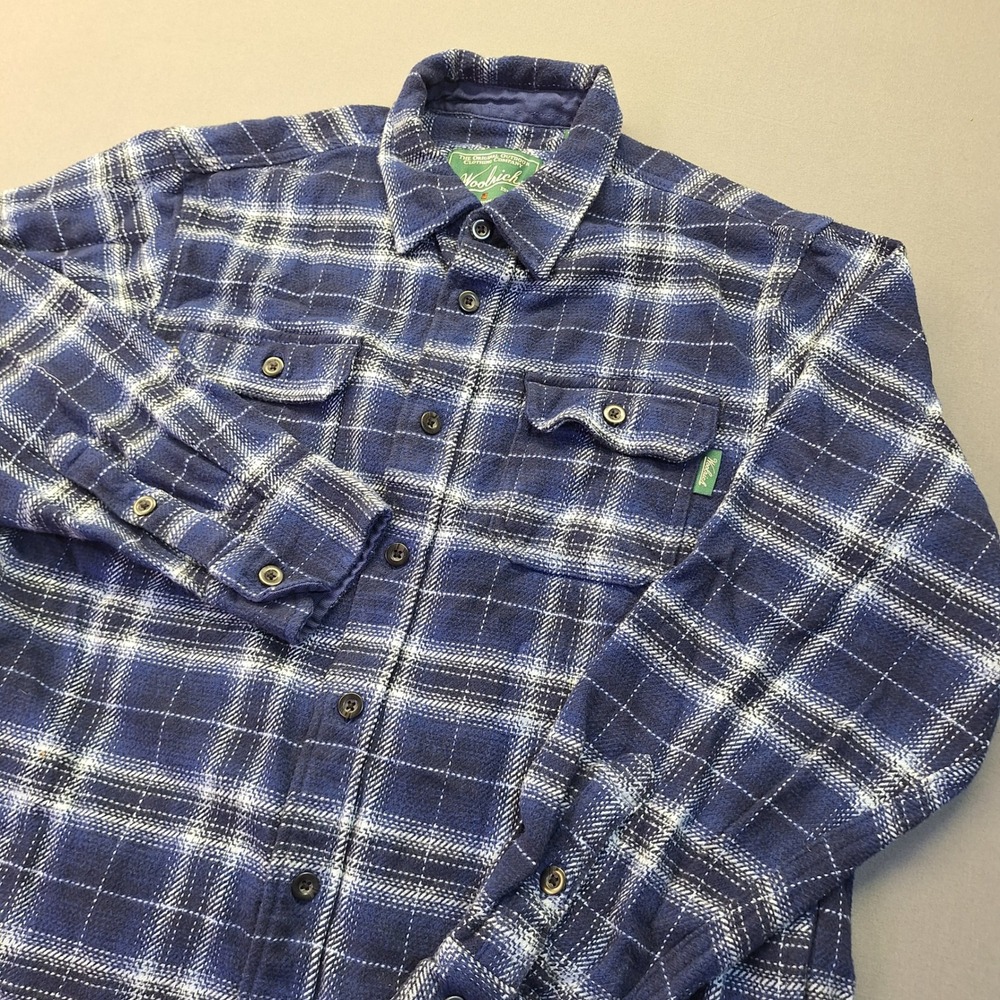 Woolrich Mens Blue White Plaid Cotton Flannel jacket Side Pockets Size Medium